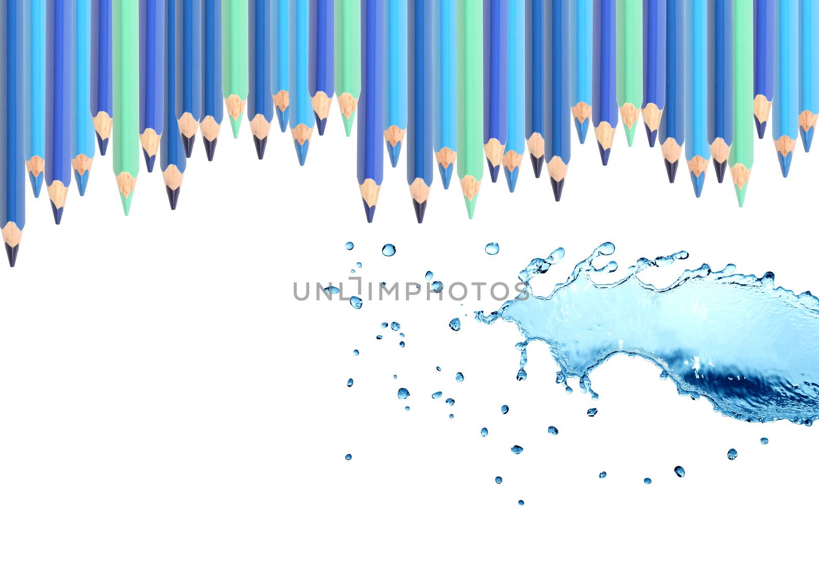 Blue pencil draws nice water splash on white background