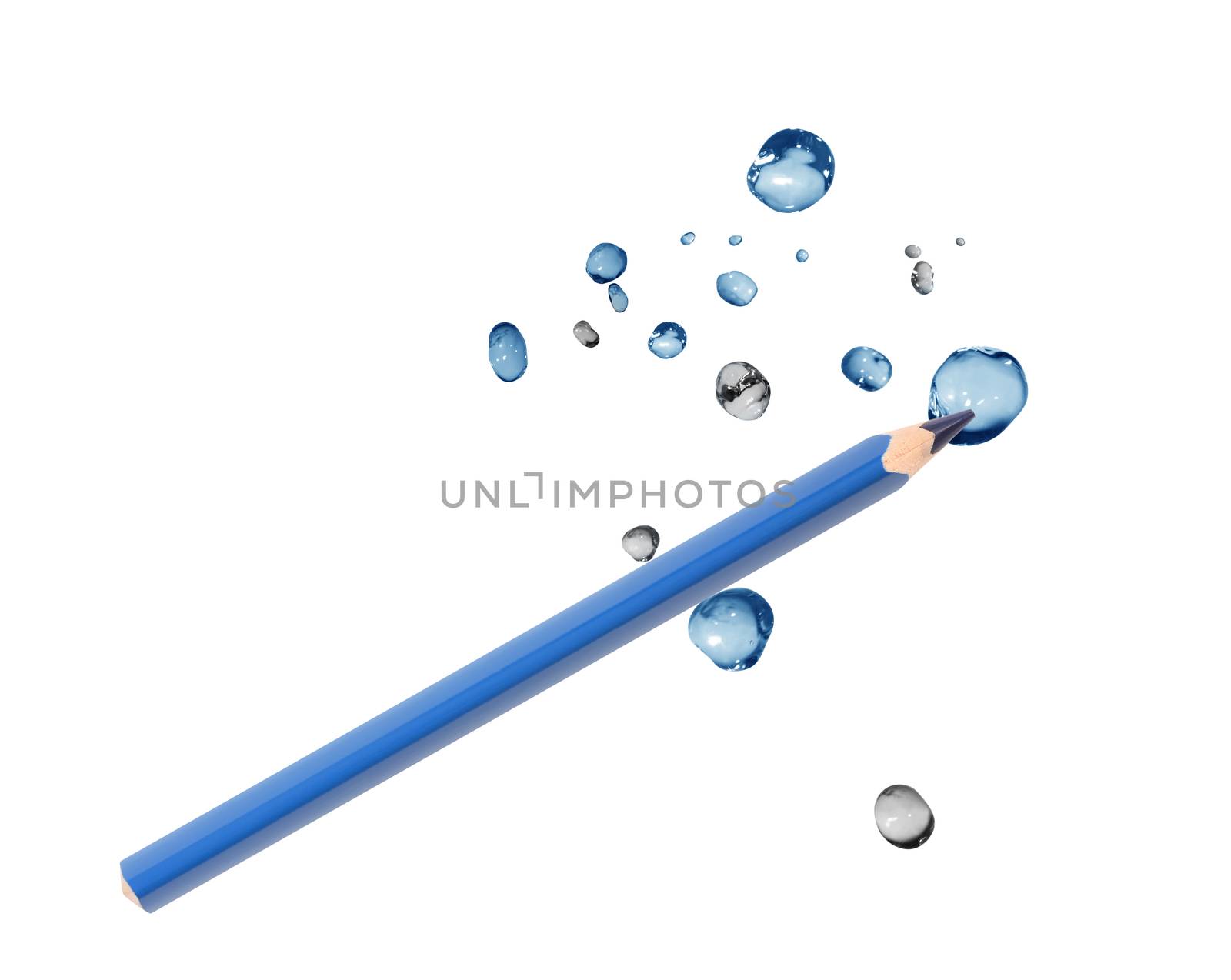 Blue pencil draws nice water splash on white background