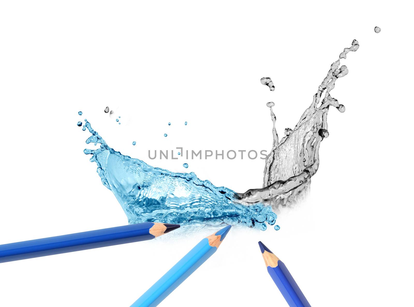 Blue pencils draws nice water splash on white background