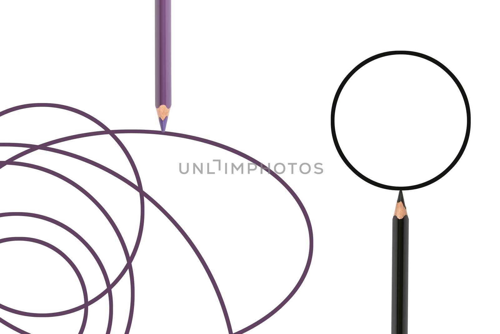 Abstract composition with black and purple lines and pencils