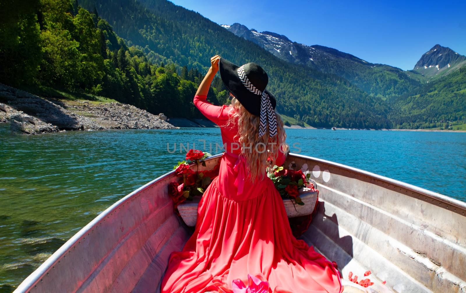 Life style woman with red dress and roses