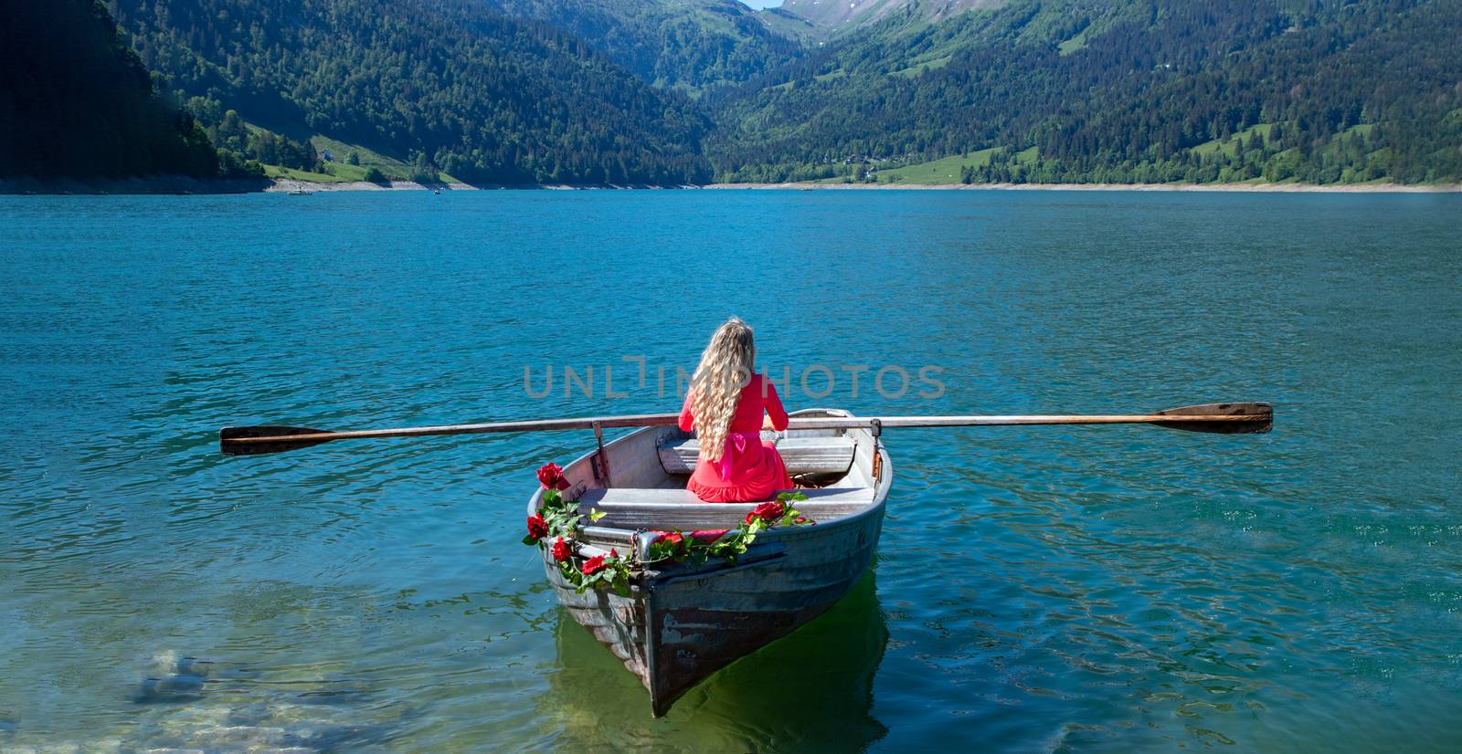 romantic scene with female model with long blond hair on a boat. by PeterHofstetter