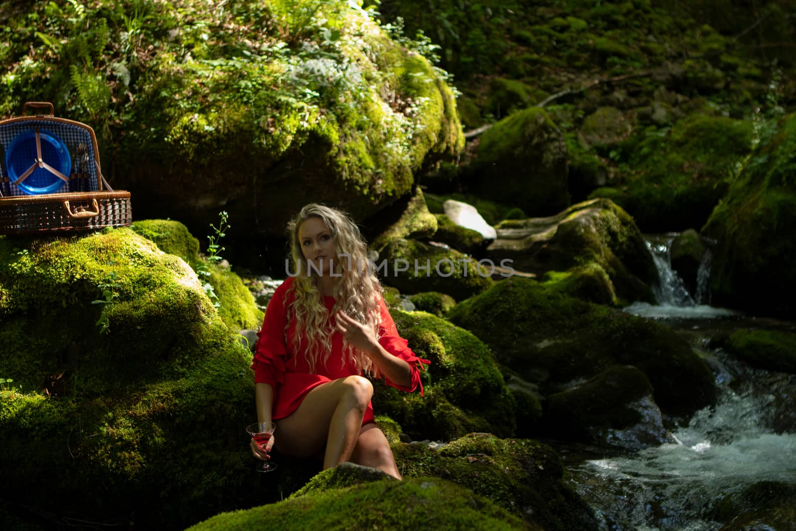 Life style blond model at a pick nick in green natural setting