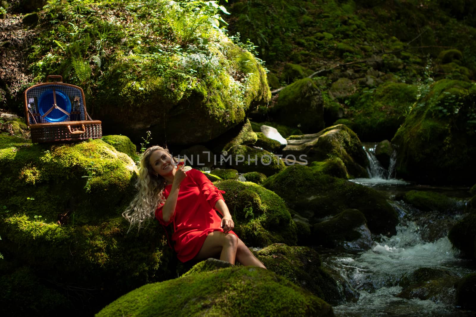 Life style blond model at a pick nick in green natural setting