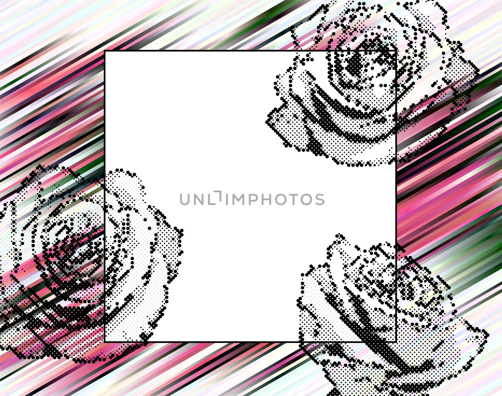halhtone roses on magenta, black, white and green stripes background frame