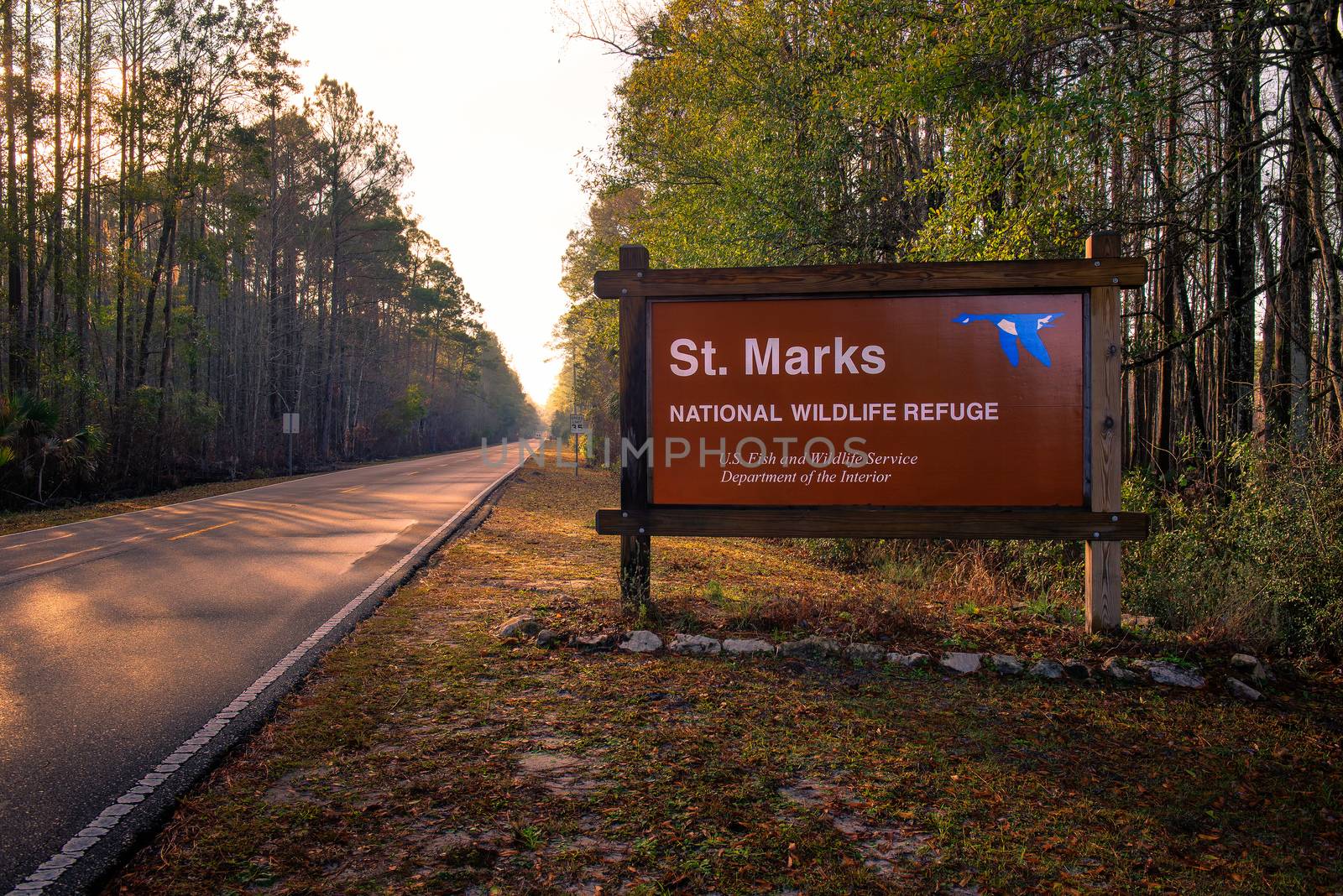 St. Marks National Wildlife Refuge entrance sign. It encompasses 68,000 acres spread between Wakulla, Jefferson, and Taylor Counties in the state of Florida.