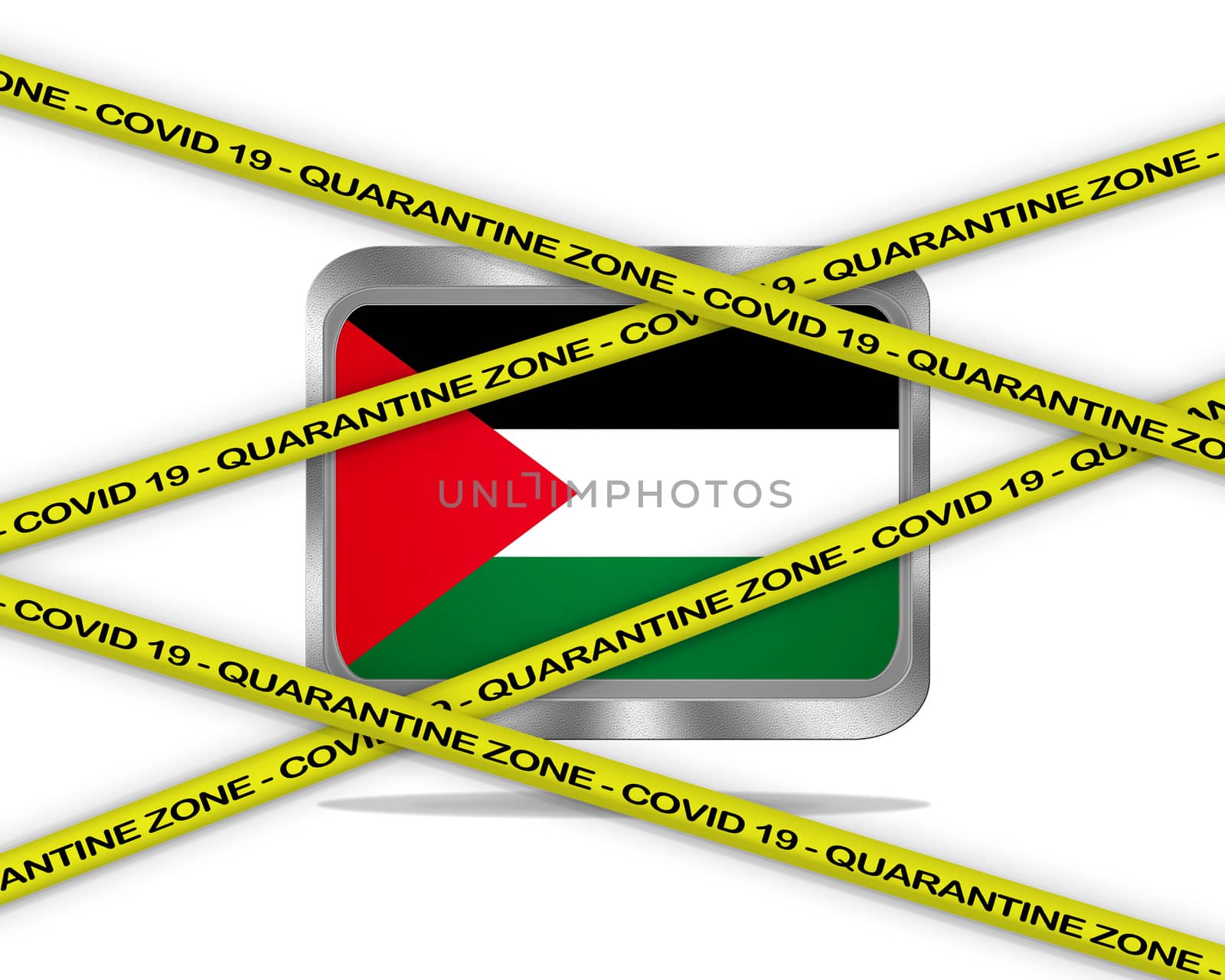 COVID-19 warning yellow ribbon written with: Quarantine zone Cover 19 on Palestine flag illustration. Coronavirus danger area, quarantined country.