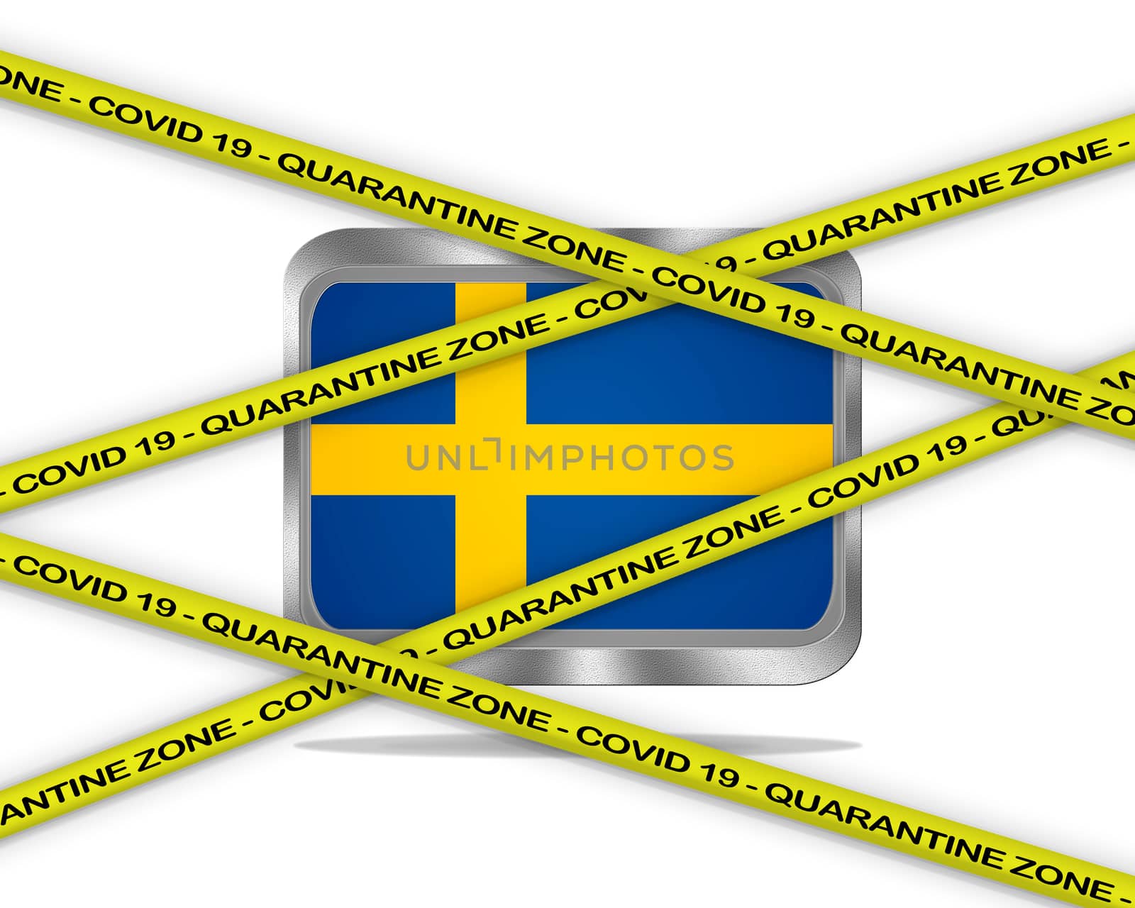 COVID-19 warning yellow ribbon written with: Quarantine zone Cover 19 on Sweden flag illustration. Coronavirus danger area, quarantined country.
