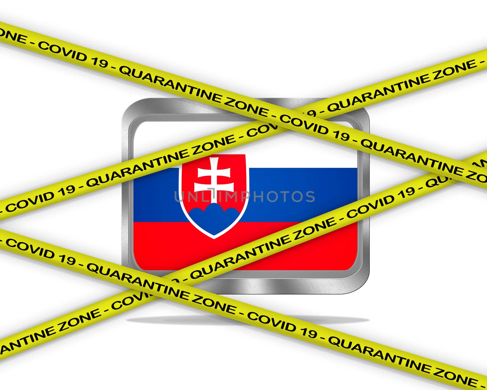 COVID-19 warning yellow ribbon written with: Quarantine zone Cover 19 on Slovakia flag illustration. Coronavirus danger area, quarantined country.