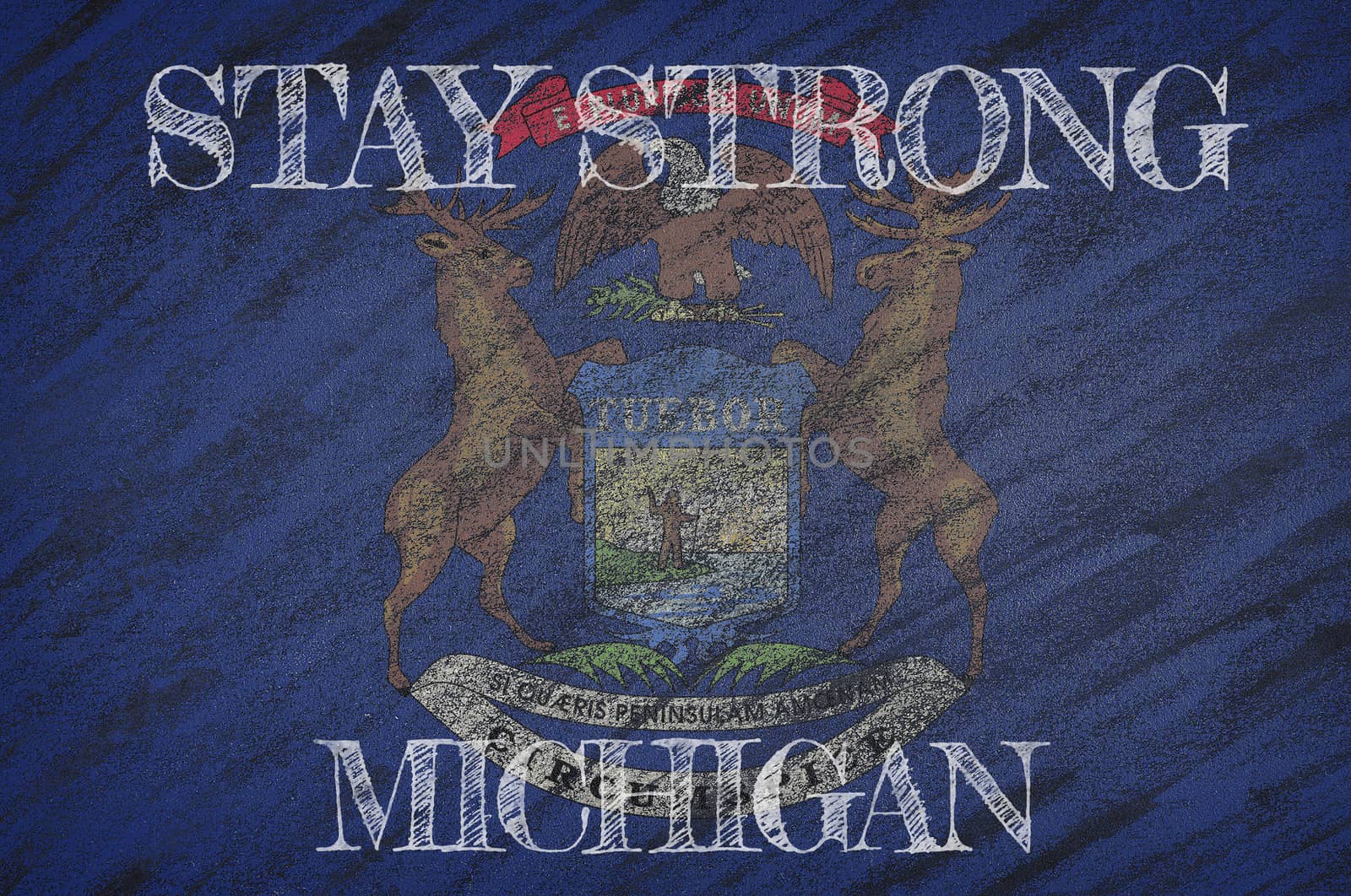 COVID-19 warning. Quarantine zone Covid 19 on Michigan ,flag illustration. Coronavirus danger area, quarantined country. Stay strong.