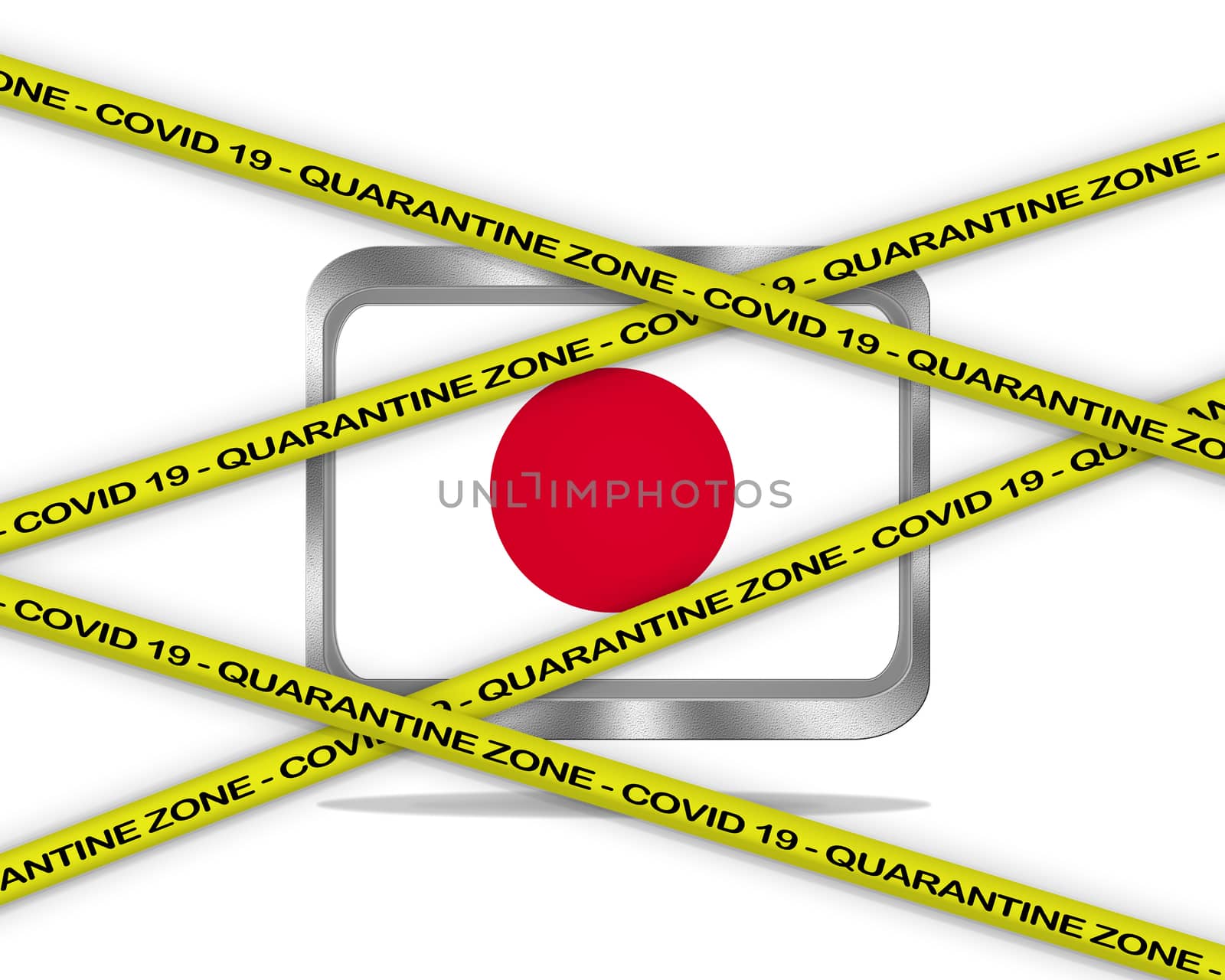 COVID-19 warning yellow ribbon written with: Quarantine zone Cover 19 on Japan flag illustration. Coronavirus danger area, quarantined country.