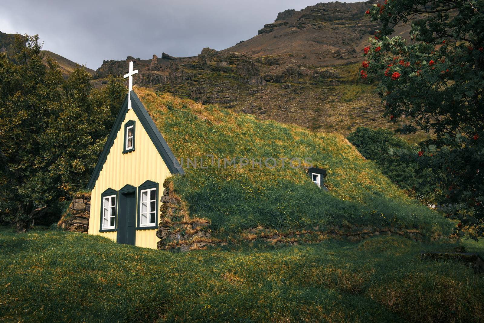 Historic turf Church Hofskirkja in the small icelandic village of Hof, Iceland