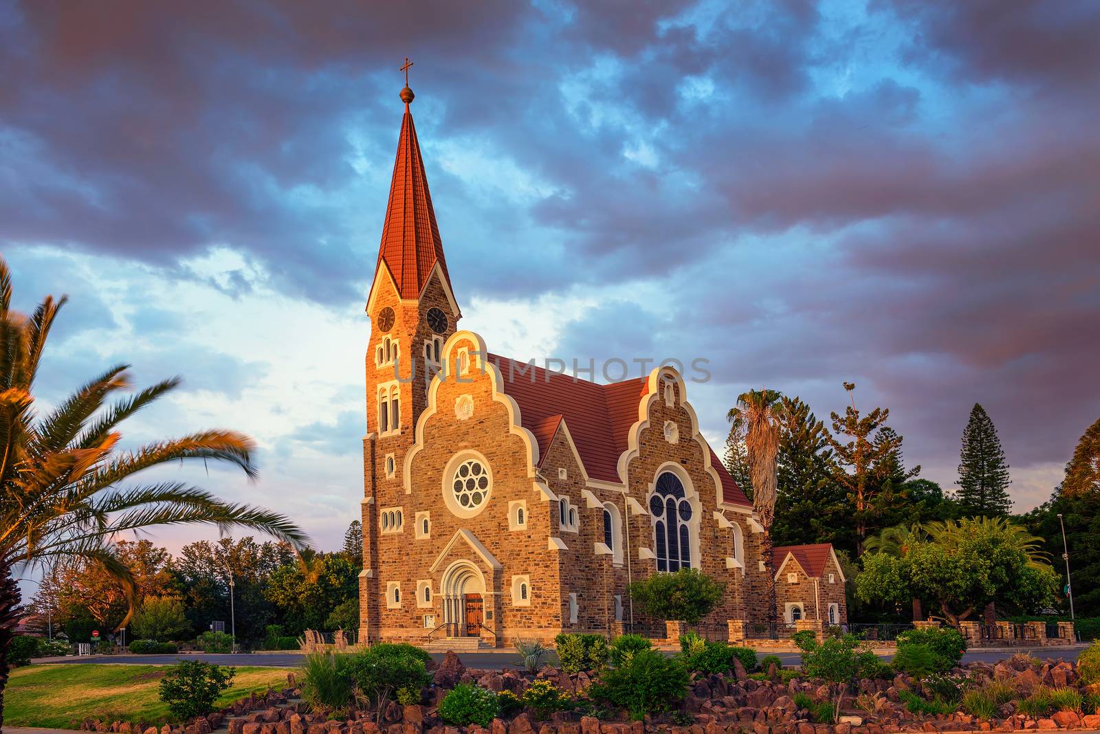 Sunset above Christchurch, a historic lutheran church in Windhoek, Namibia by nickfox