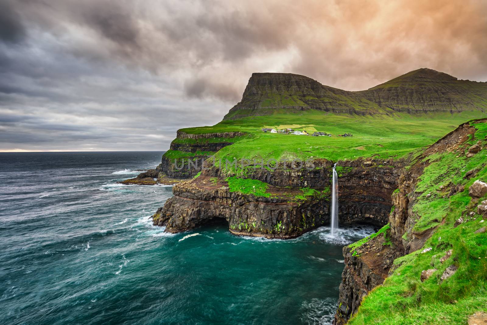 Gasadalur village and its iconic waterfall, Vagar, Faroe Islands, Denmark