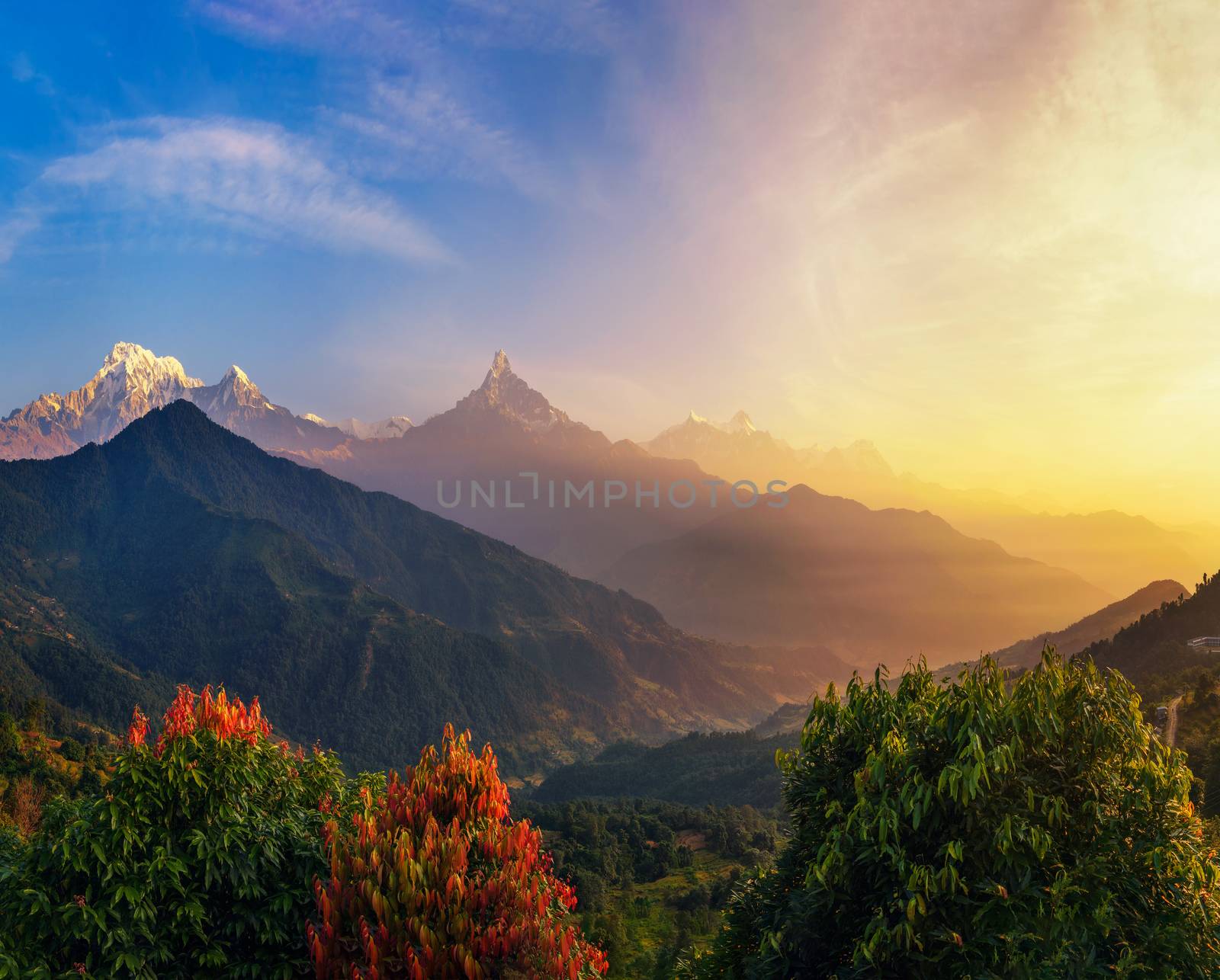 Colorful sunrise over Himalaya mountains in Nepal by nickfox