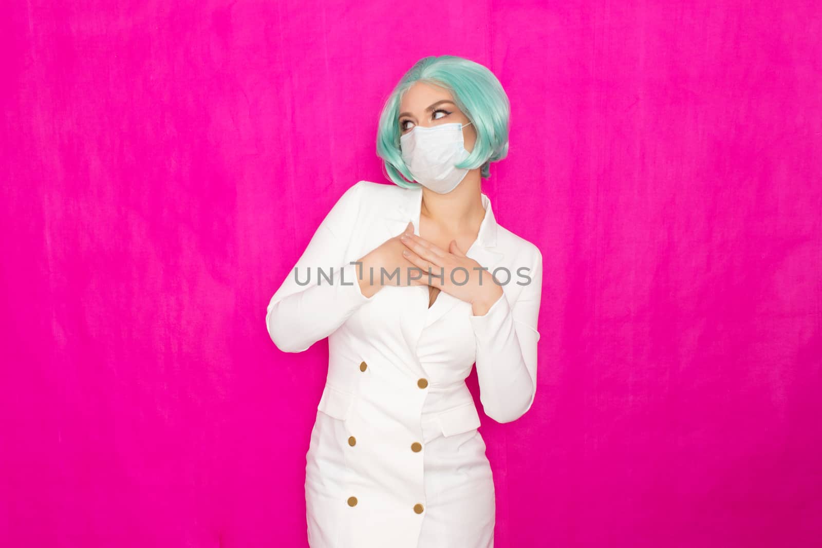 Woman with short blue hair in jacket dress with medical mask on her face by Bonda