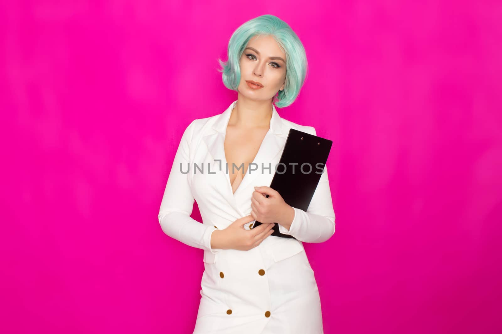 Woman in white jacket dress holding black folder with documents by Bonda