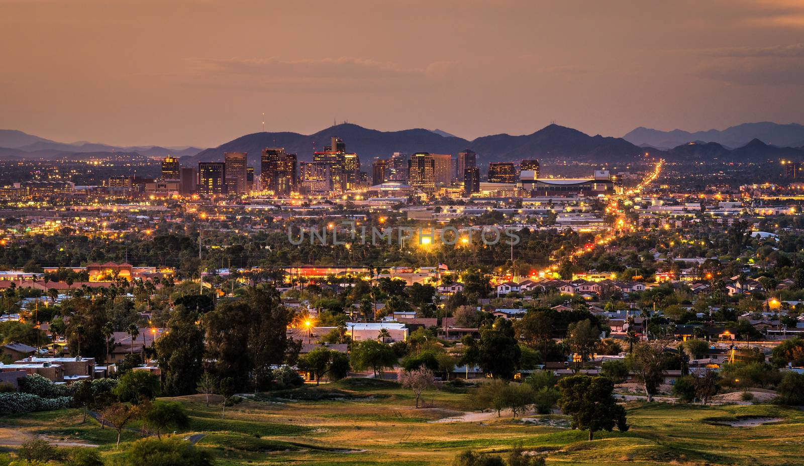 Phoenix Arizona skyline at sunset by nickfox