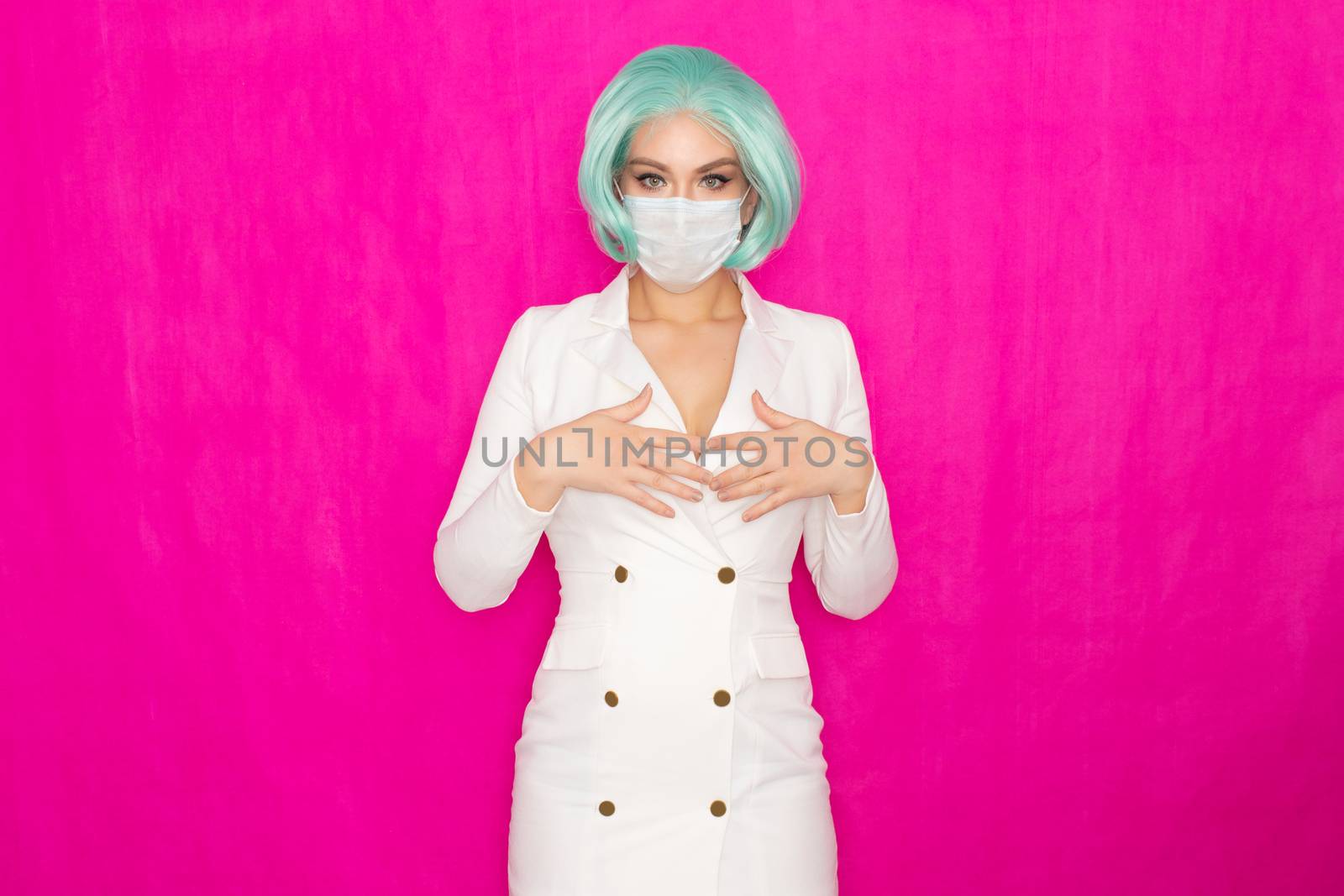 Woman with short blue hair in jacket dress with medical mask on her face by Bonda