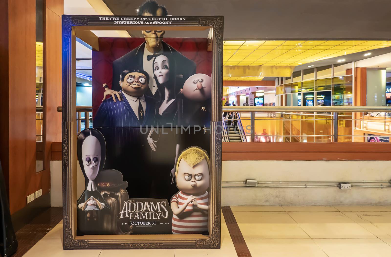 BANGKOK, THAILAND, 27 Sep 2019 - A beautiful standee of a movie called The Addams Family display at the cinema to promote the movie