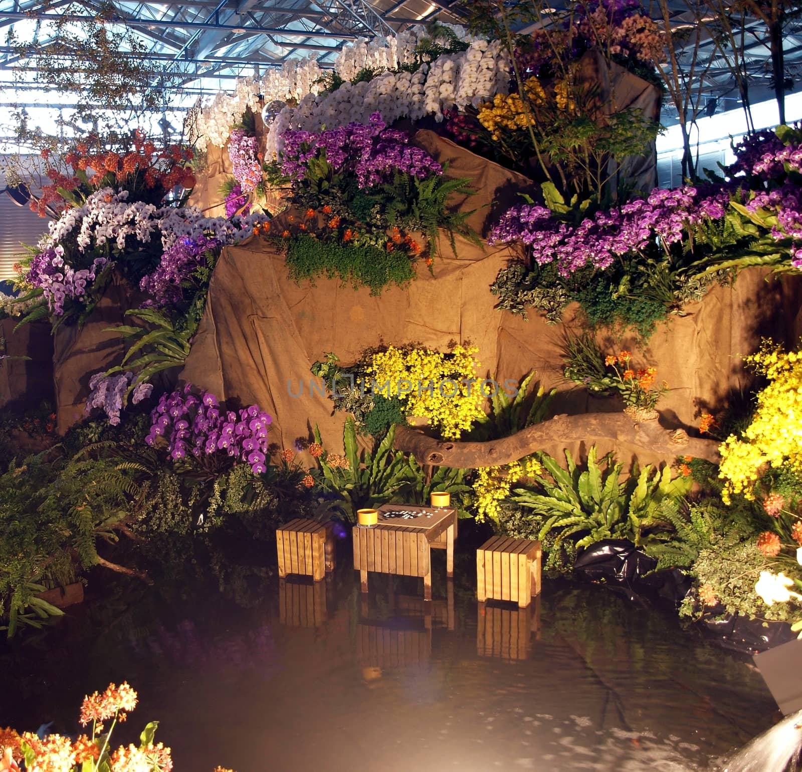 TAINAN, TAIWAN - MARCH 14: An artistic design made from flowers and water and rocks that is part of the exhibition at the 2013 Taiwan International Orchid Show on March 14, 2013 in Tainan.