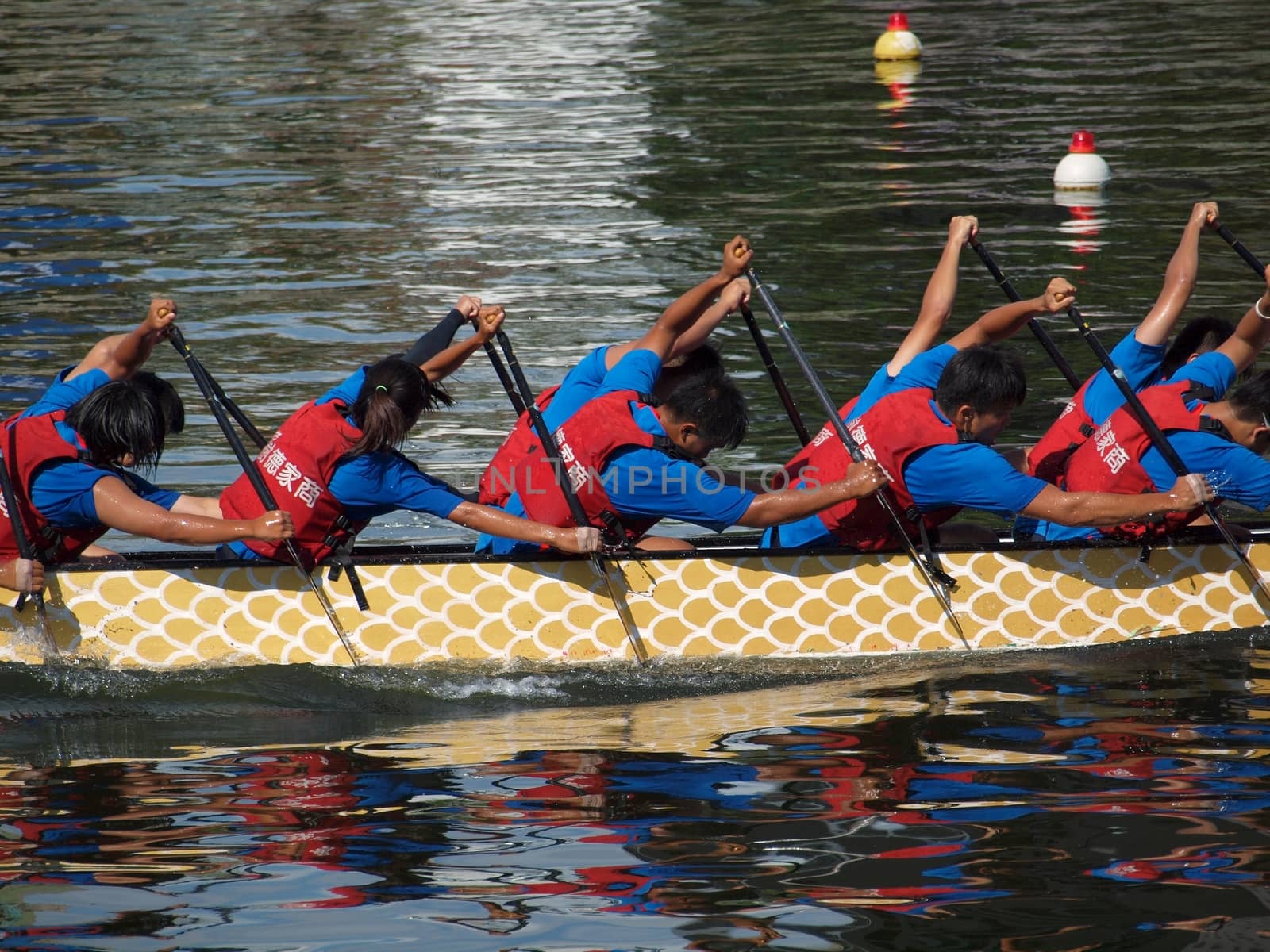 KAOHSIUNG, TAIWAN - JUNE 11: A team from Shu-Te College competes in the 2013 Dragon Boat Races on the Love River on June 11, 2013 in Kaohsiung