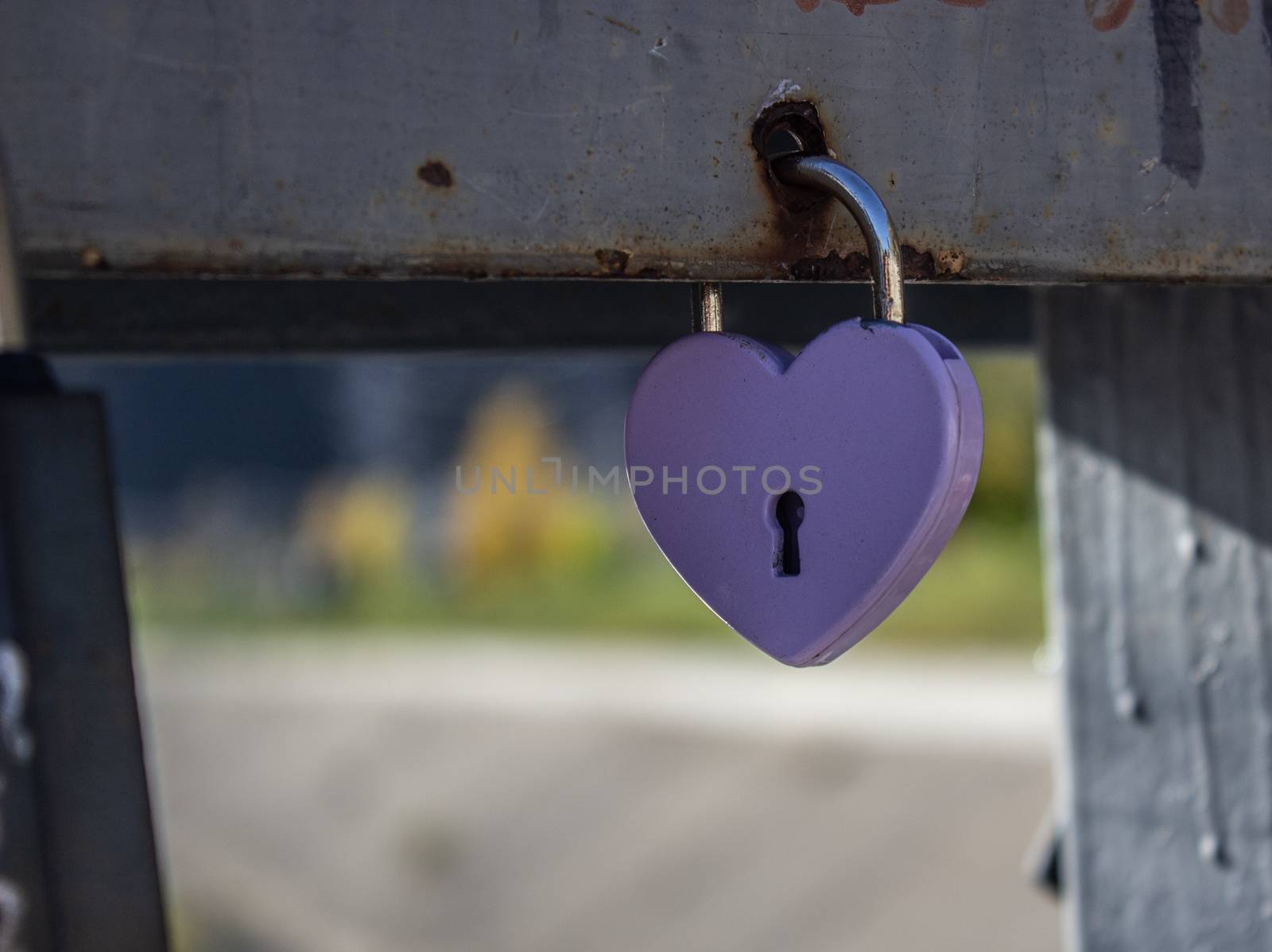 A gold padlock in a heart form hanging on a steel rope of the bridge railing on the background of a river and another bridge. Photo 3