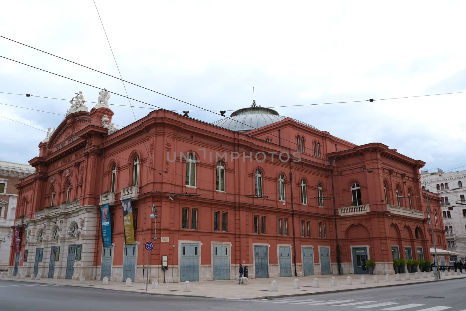 Bari, Puglia, Italy. About 11/2019. Facade of the Petruzzelli theater in Bari. In 1991 the theater was damaged by arson.