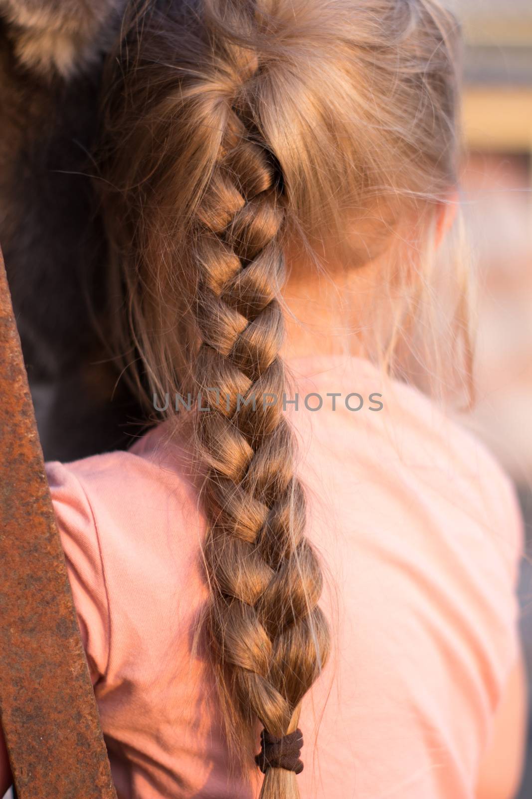Close up view of young woman's hair with yellow flowers within. Spring. Unity with nature. Minimalism