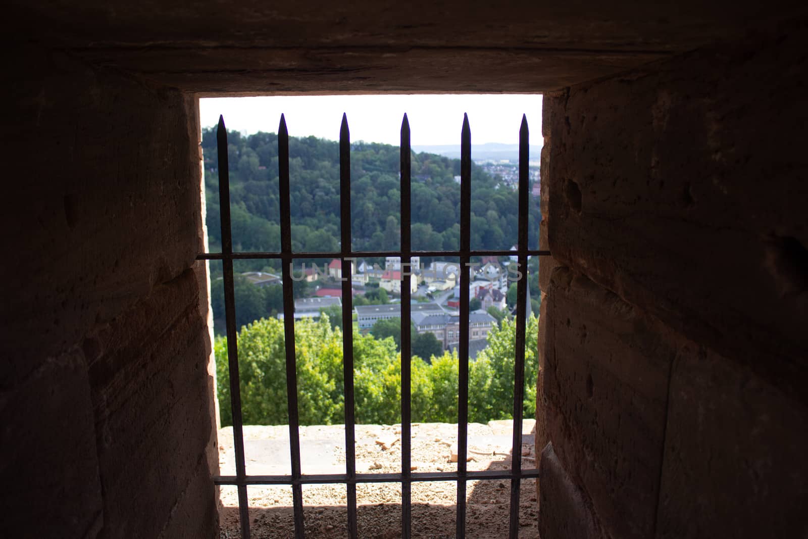 Observation deck of an old castle in Germany. Beautiful views of the surroundings and blue sky with clouds.