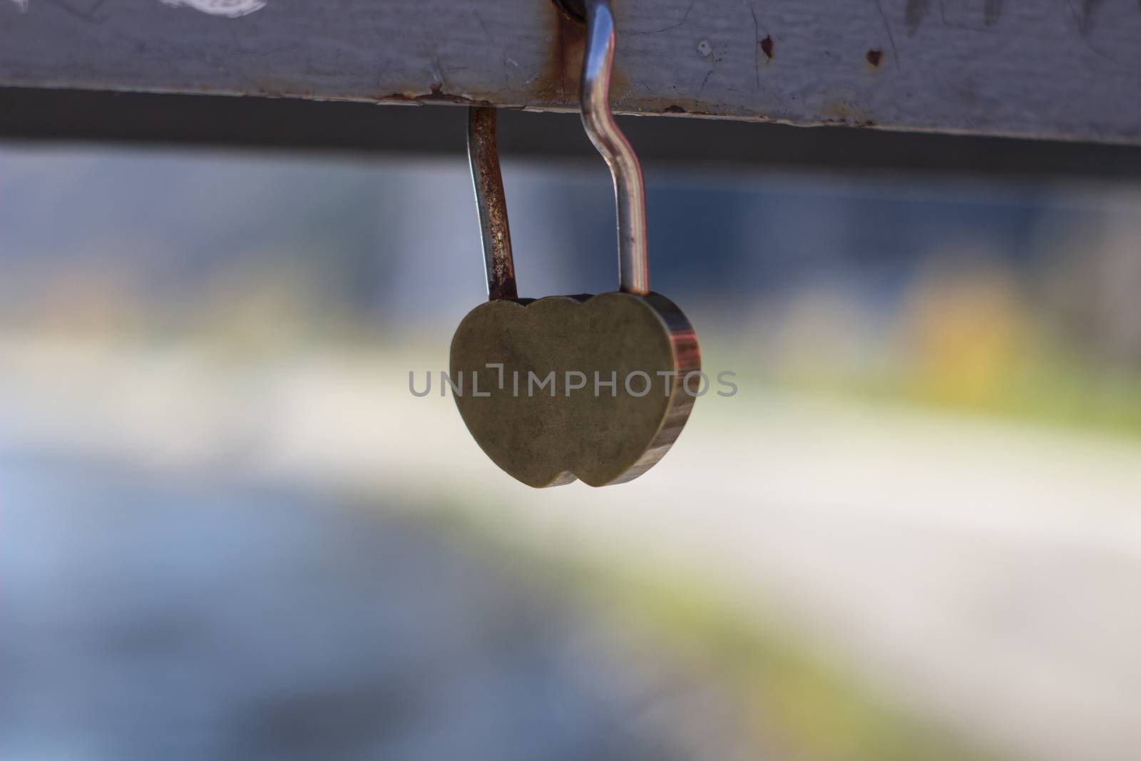 A gold padlock in a heart form hanging on a steel rope of the bridge railing on the background of a river and another bridge. Photo 3