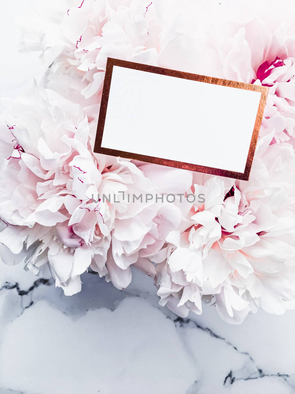 Glamorous business card or invitation mockup and bouquet of peony flowers, wedding and event branding by Anneleven
