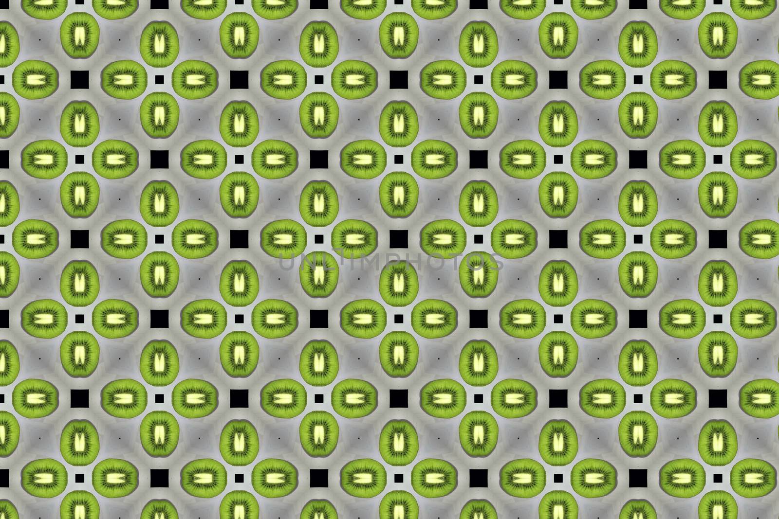 Colorful fruit pattern of fresh kiwi slices on white background. From top view