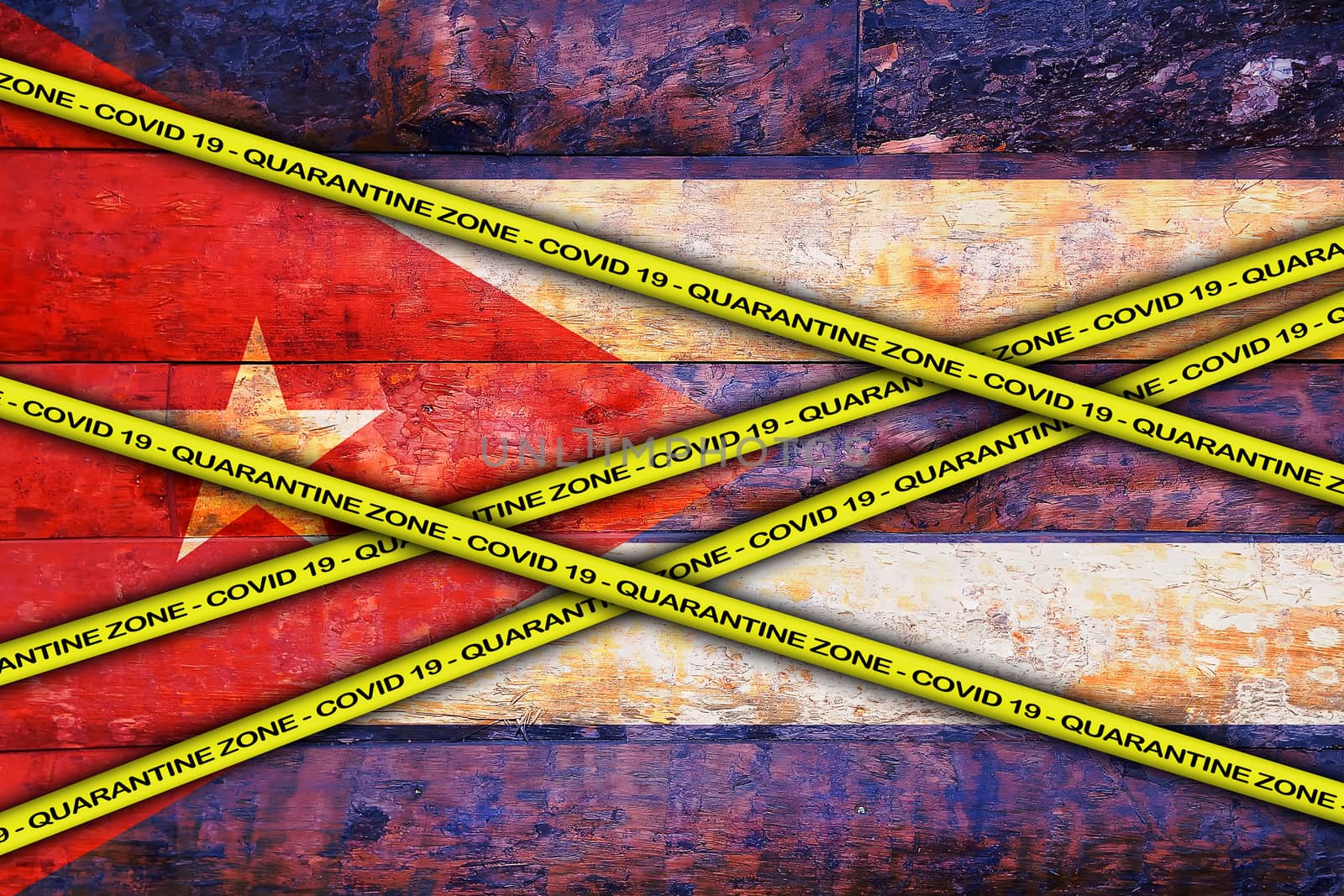 COVID-19 warning yellow ribbon written with: Quarantine zone Cover 19 on Cuba flag illustration. Coronavirus danger area, quarantined country.