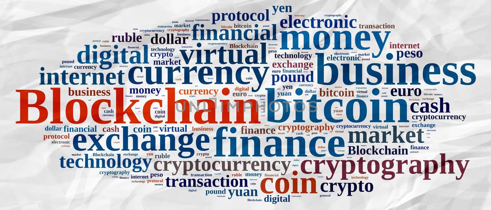 Illustration with word cloud with the word Blockchain.