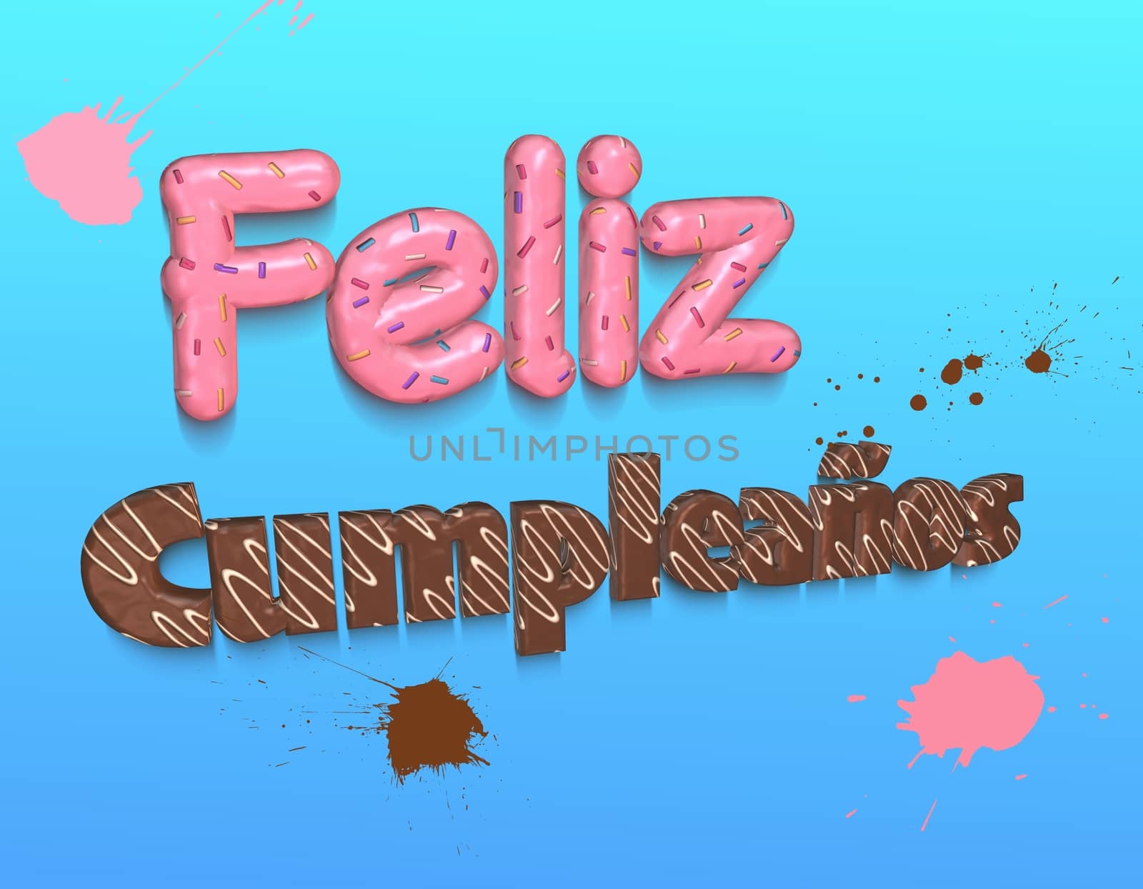 Words Happy Birthday in spanish covered with pink topping and confetti,chocolate and white topping on blue background.3D rendering.