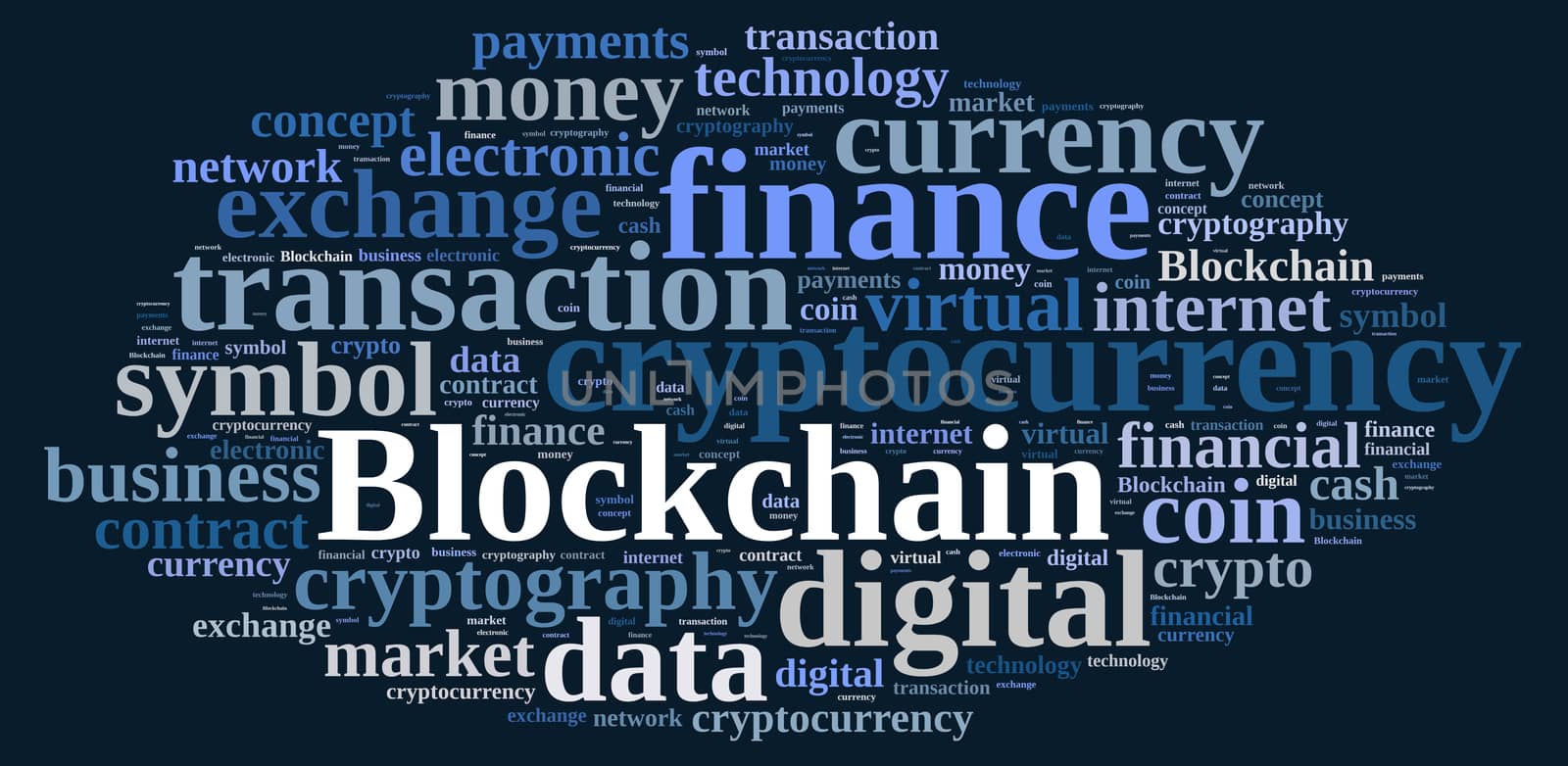 Illustration with word cloud with the word Blockchain.