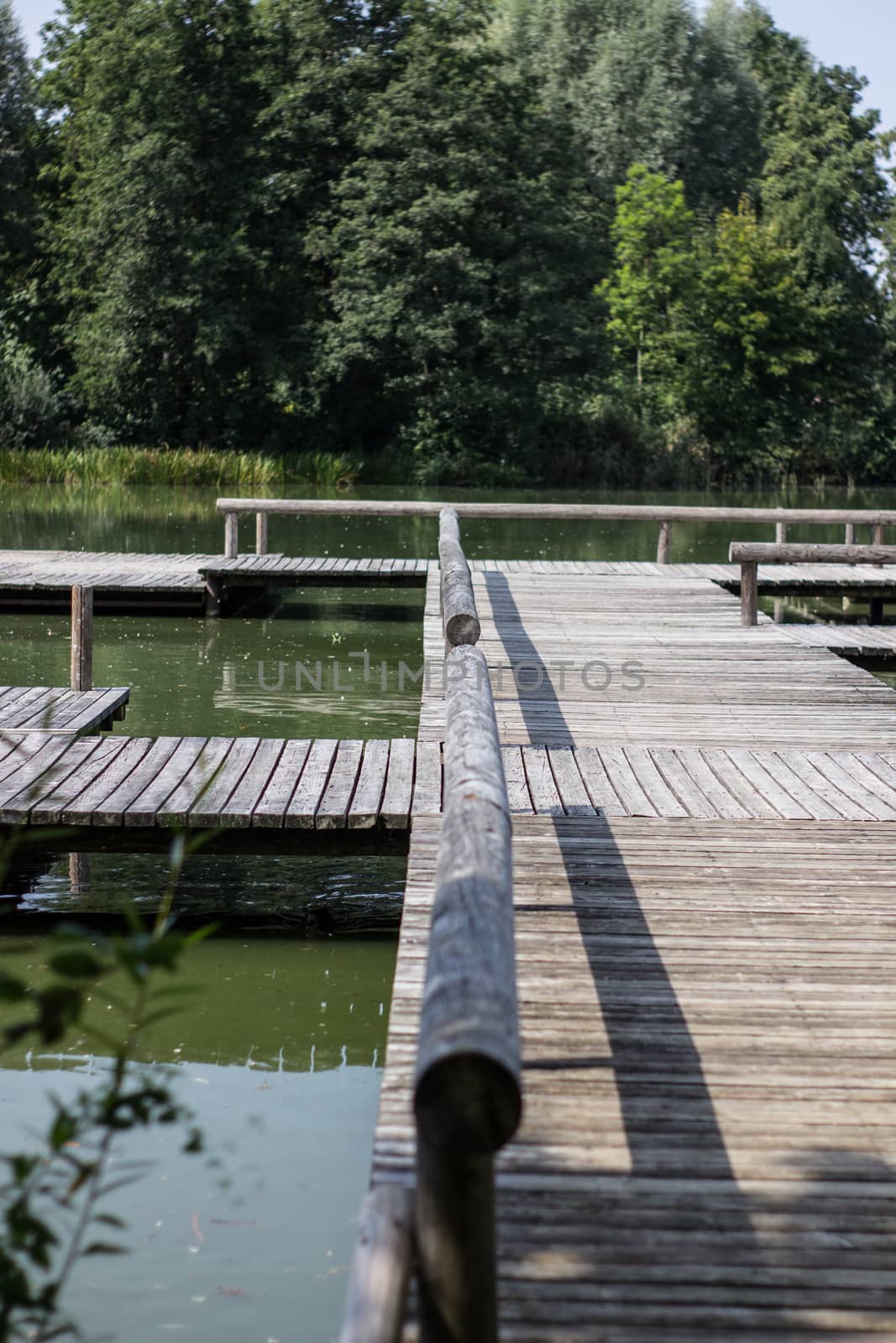 Wooden raft on the water with railings by AnatoliiFoto