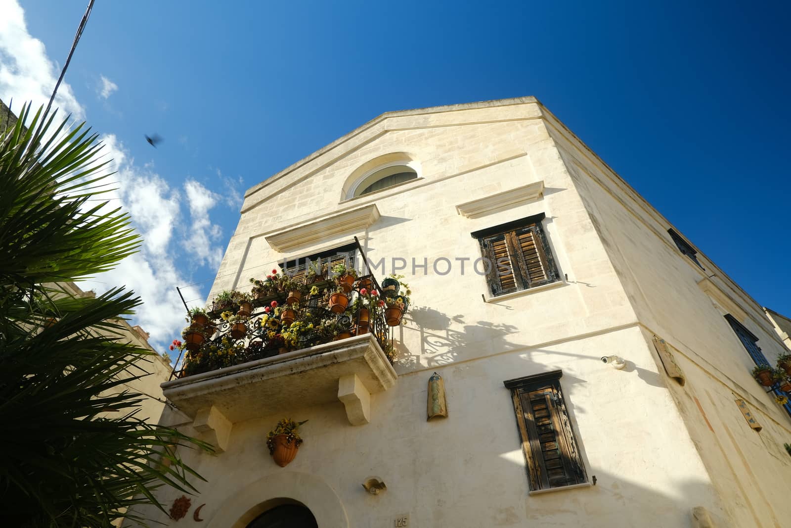 Matera, Italy. About 11/2019. Mediterranean house with balcony and green plants. The strong wind moves the leaves of the plants. White facade with blue sky.