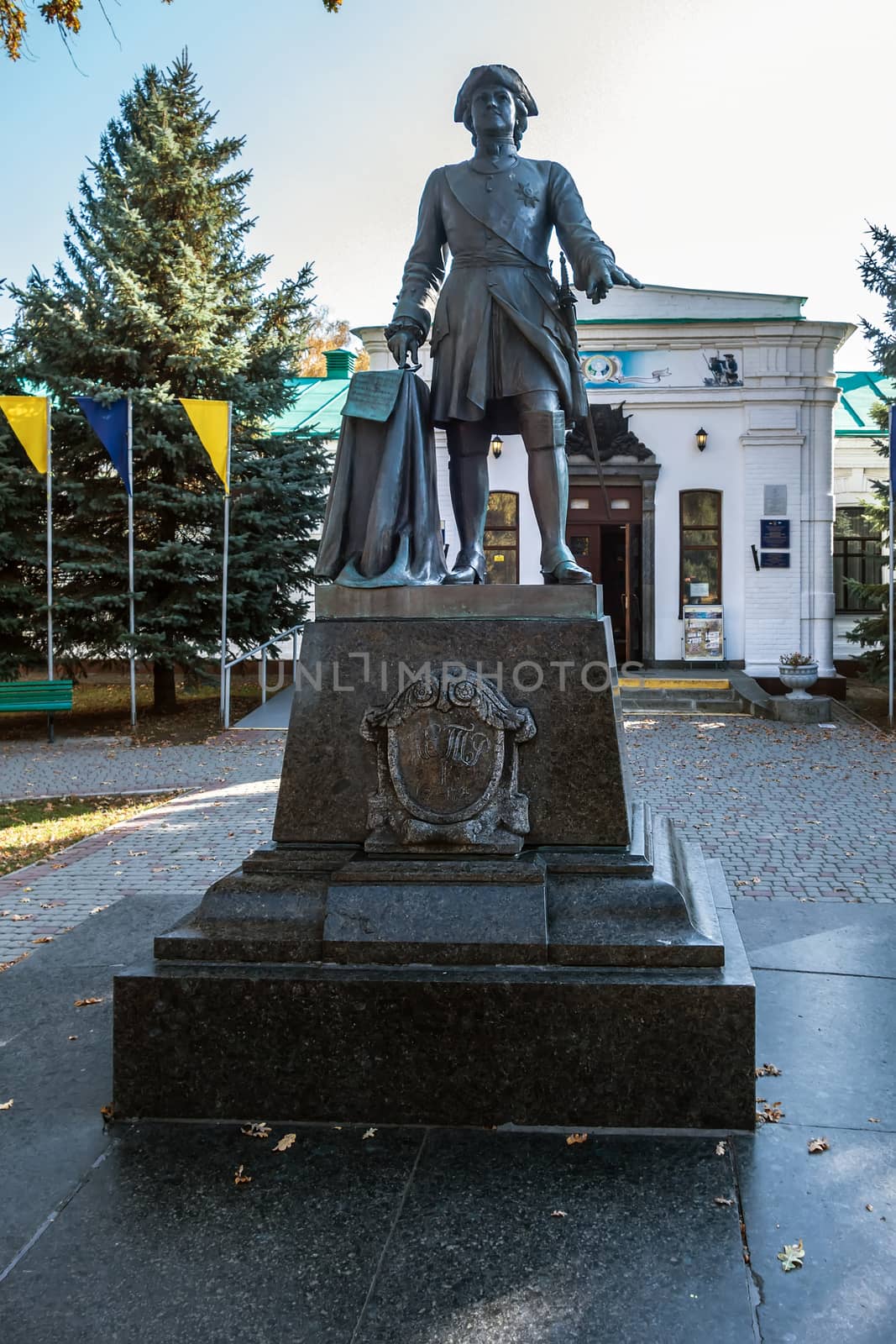 Russian emperor Peter the Great 1 bronze copper monument in Reserve «Battle of Poltava» Ukraine.