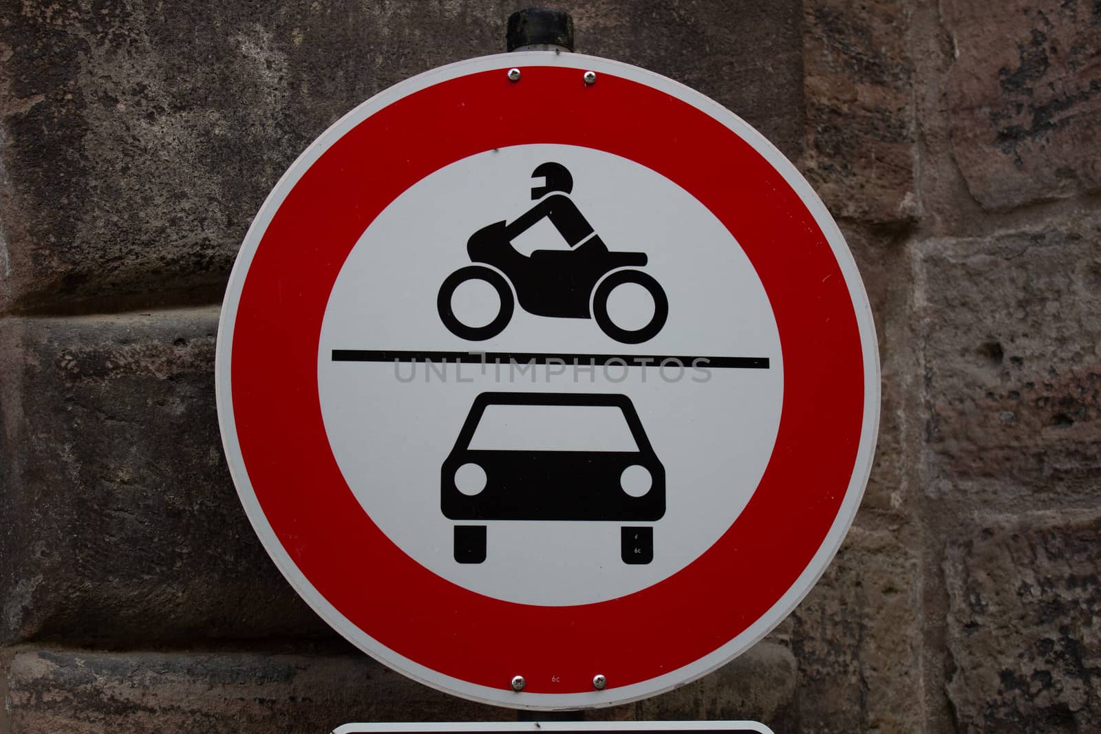 Old fashioned Traffic sign No motor vehicles cars and motorbikes in red, white and black
