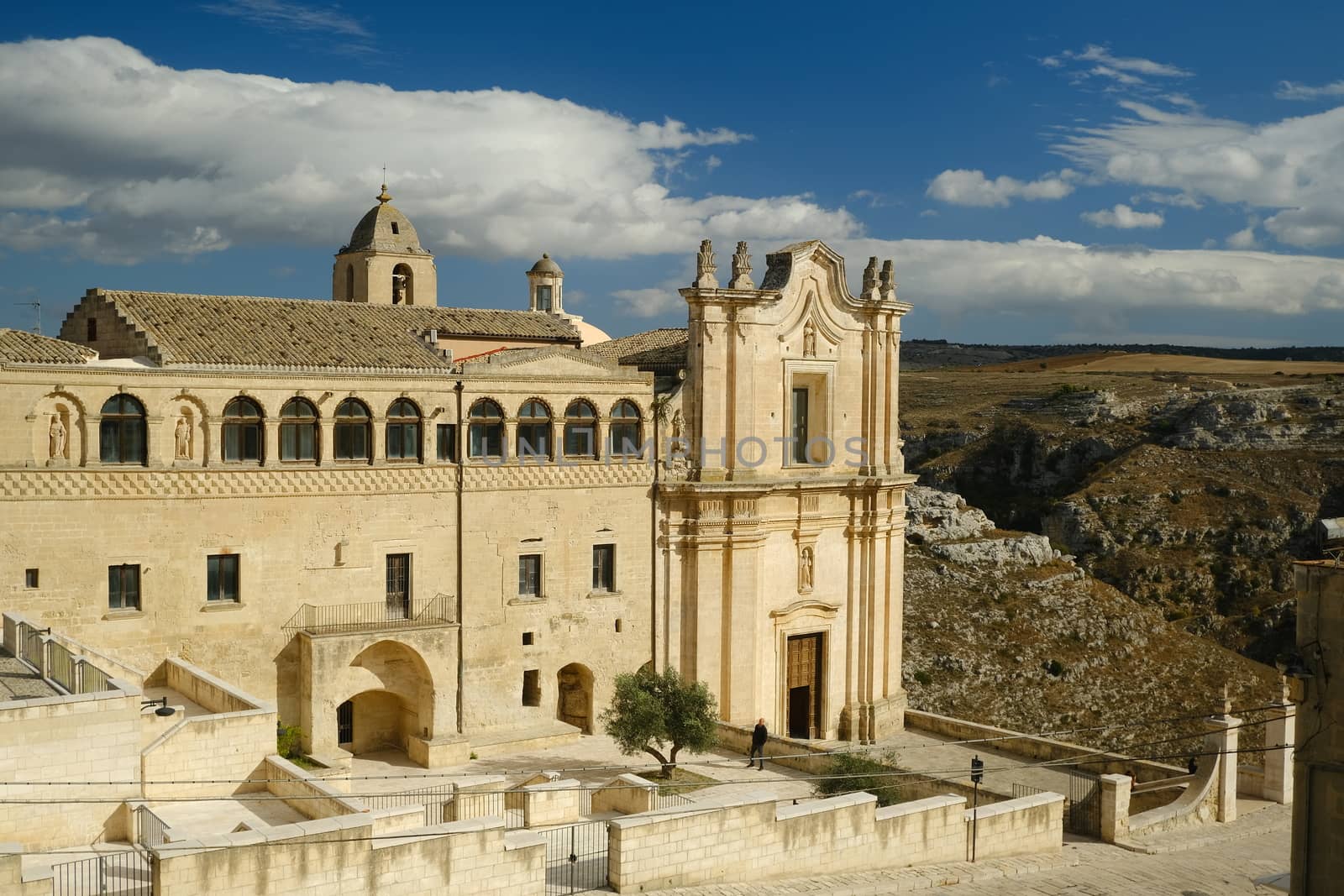 Matera, Italy. About 11/2019. Convent and church of Sant'Agostino in Matera. Beige stone facade
