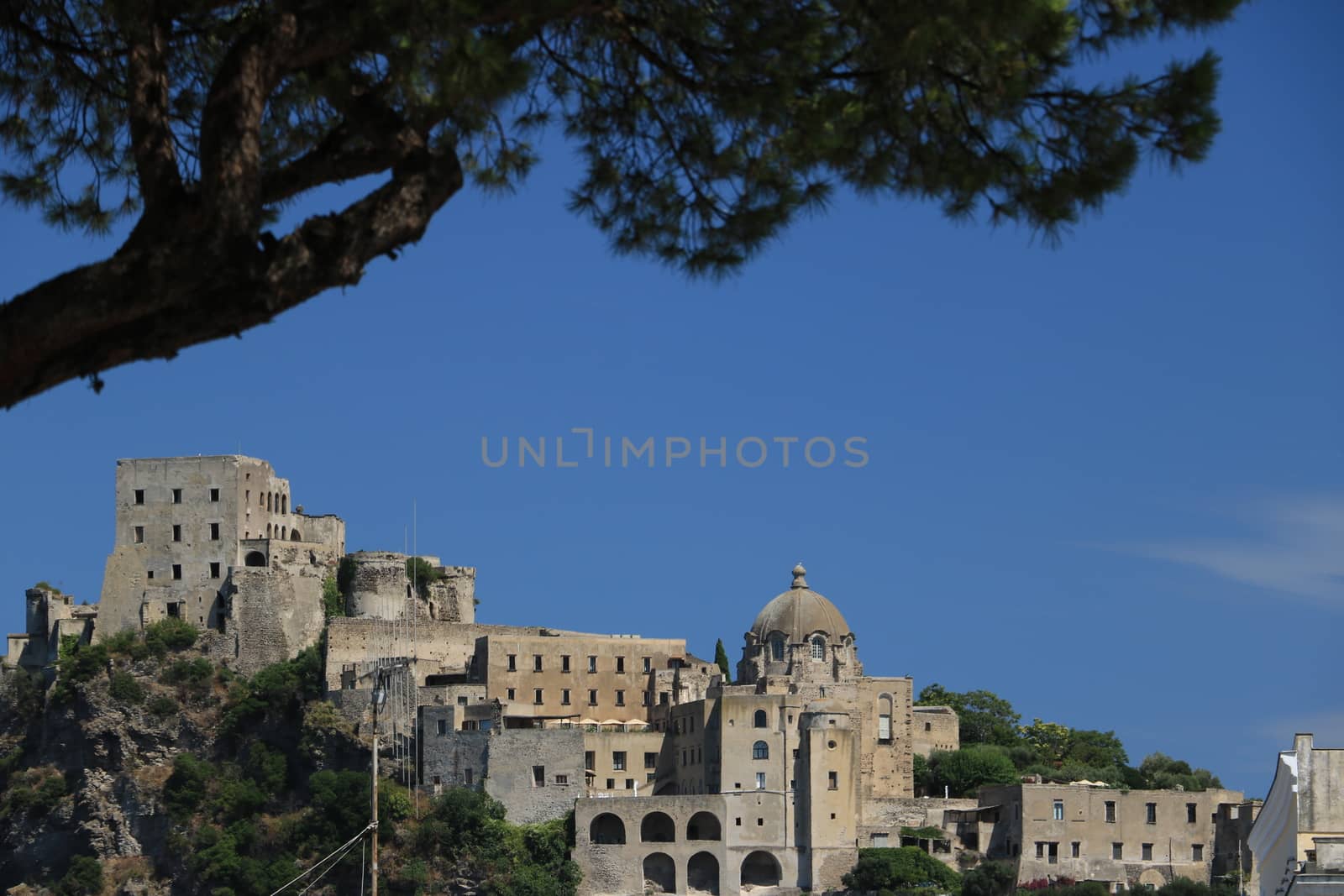 Ischia, Naples, Italy. Ancient Aragonese Castle in Ischia Ponte. The fortification stands on a peninsula of volcanic rock connected to the village of Ponte. Trees and flowers.