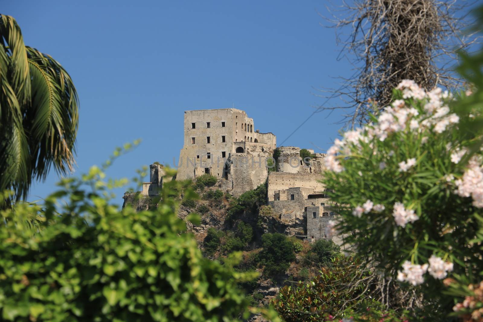 Ischia, Naples, Italy. Ancient Aragonese Castle in Ischia Ponte. The fortification stands on a peninsula of volcanic rock connected to the village of Ponte. Trees and flowers.