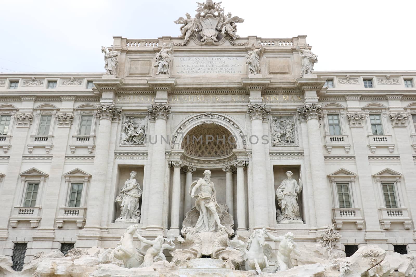 Rome, Lazio, Italy, About 02/2017. Trevi Fountain with baroque sculptures in travertine marble. Rome, Italy