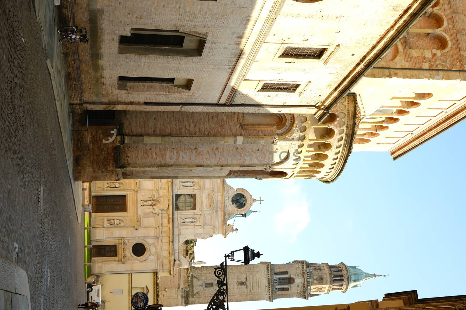 Parma, Emilia Romagna, Italy. About 12/2019. Cathedral of Parma. Church of San Giovanni evangelista in the background.