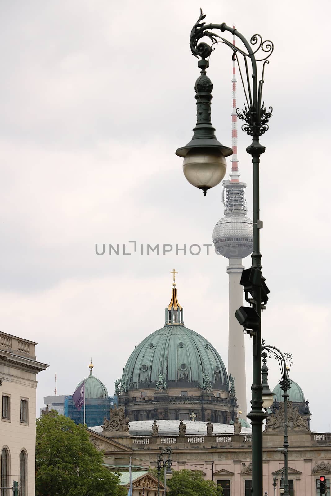 Symbols of Berlin. The sphericity of the television tower, street lamps and domes