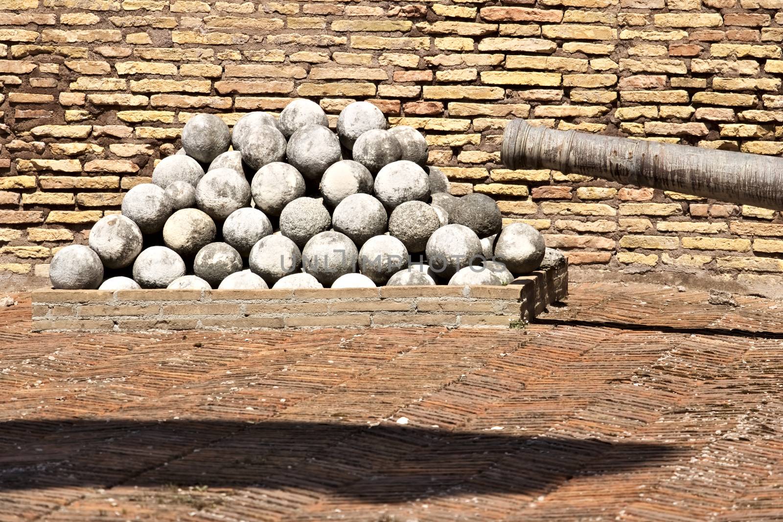 Rome, Italy. 05/02/2019. Iron cannons with wooden base displayed at Castel Sant'Angelo.