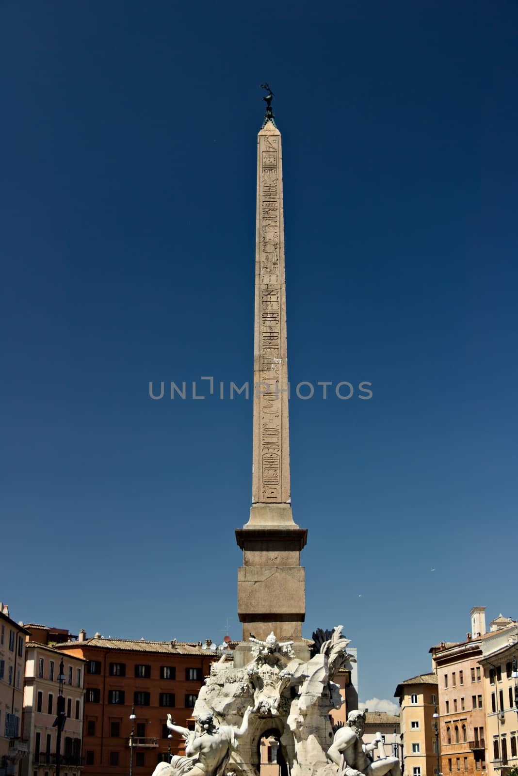 Fountain of the four rivers in Piazza Navona. Rome Italy. 05/02/2019. The fountain is a work by sculptor and architect Gian Lorenzo Bernini and is surmounted by an Egyptian obelisk.