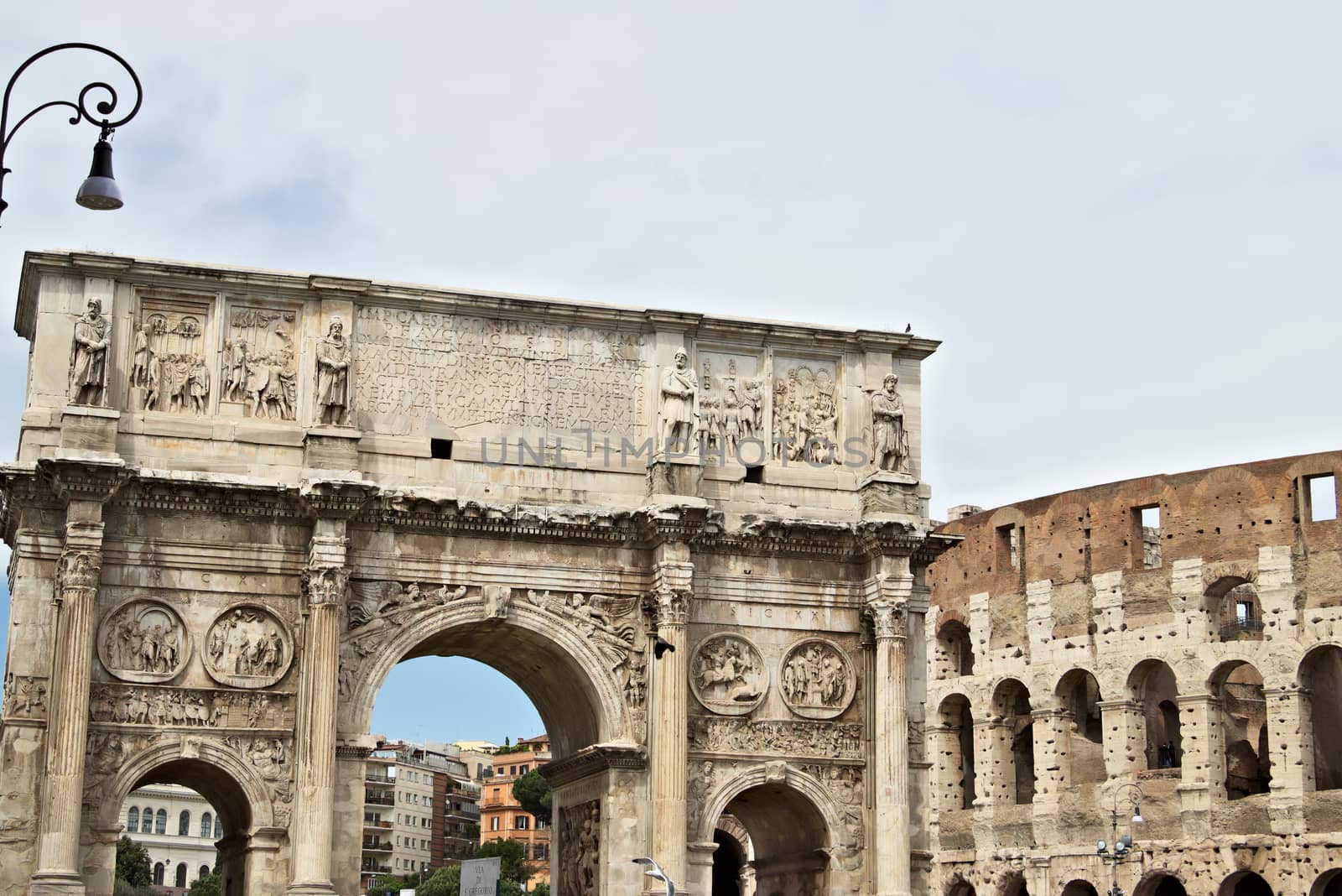 Rome, Italy. 05/03/2019. Arch of Constantine. The arch is located near the Colosseum and is designed to commemorate the victory of Constantine against Maxentius.